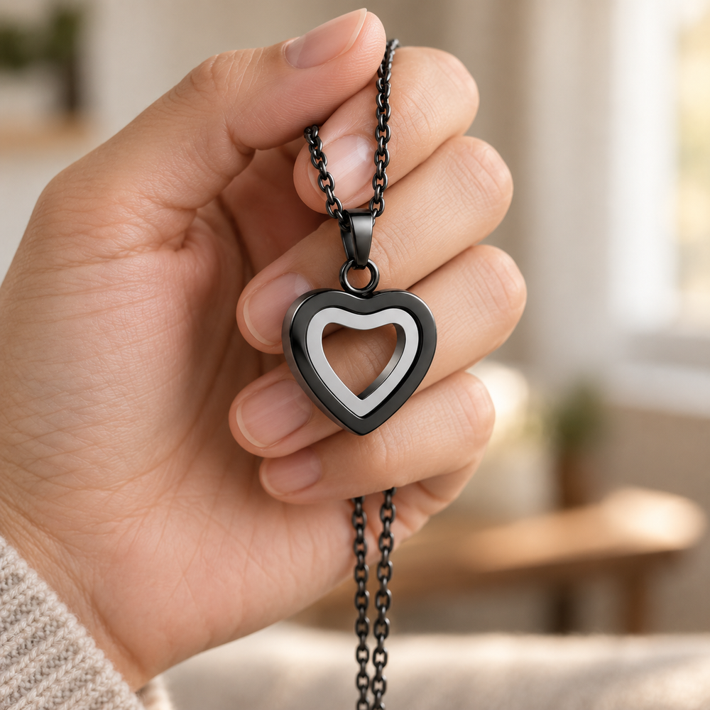 Black & Silver Open Heart Necklace | Double Heart Memorial Pendant