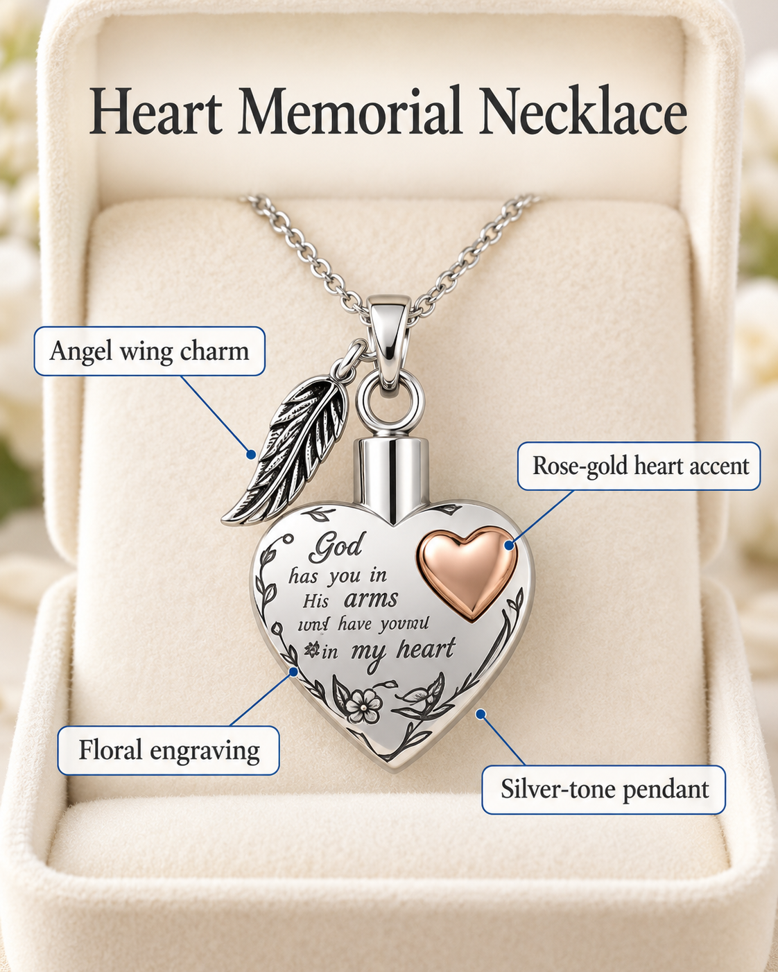 Heart Memorial Urn Necklace with Angel Wing & Rose-Gold Heart