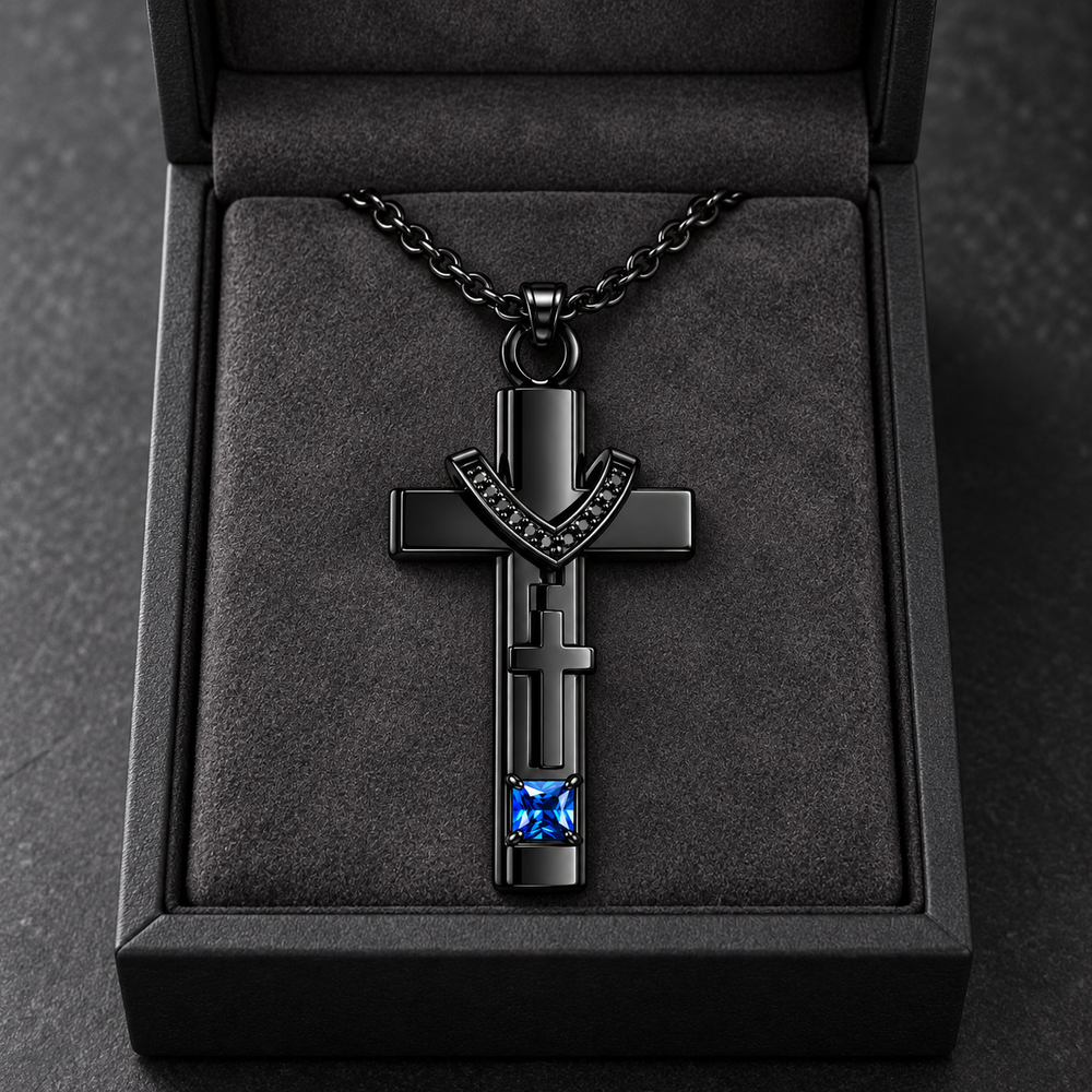 Black Cross Memorial Necklace with Blue Crystal | Faith Keepsake Pendant