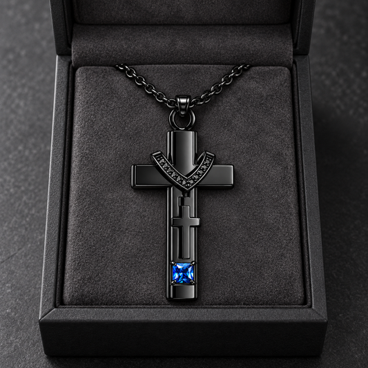 Black Cross Memorial Necklace with Blue Crystal | Faith Keepsake Pendant