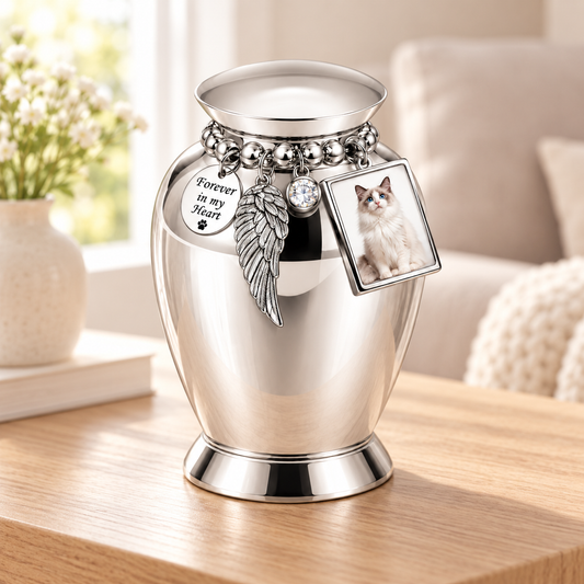 Silver Pet Memorial Urn for Ashes with Photo Frame & Angel Wing Charm