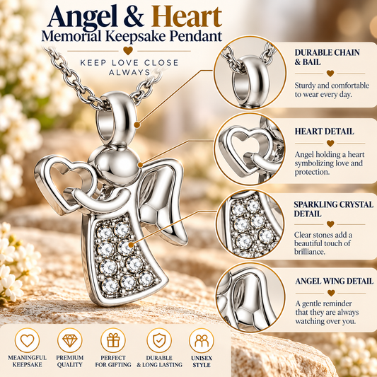 Angel of Love Memorial Necklace | Silver Heart Crystal Pendant