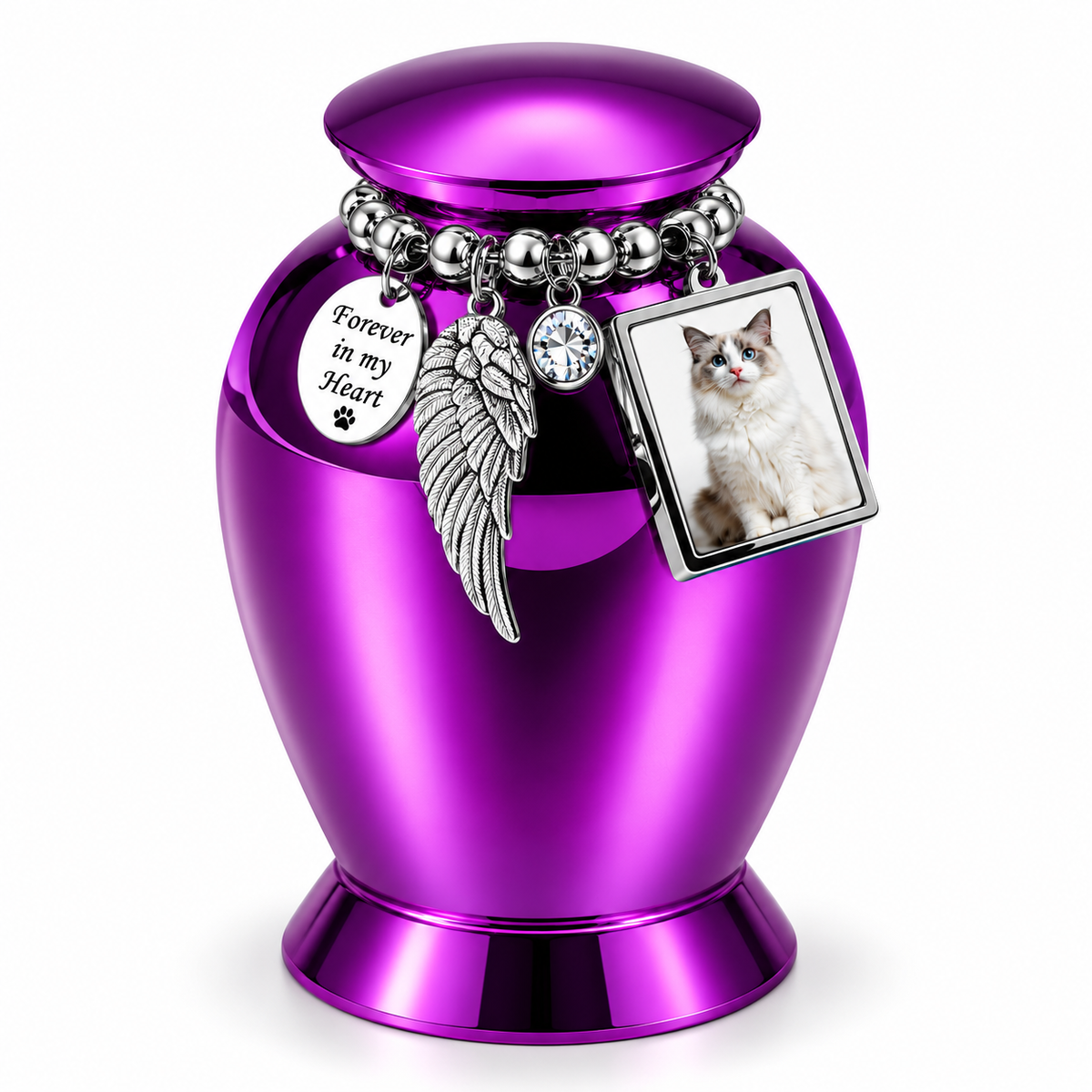 Purple Pet Memorial Urn for Ashes with Photo Frame & Angel Wing