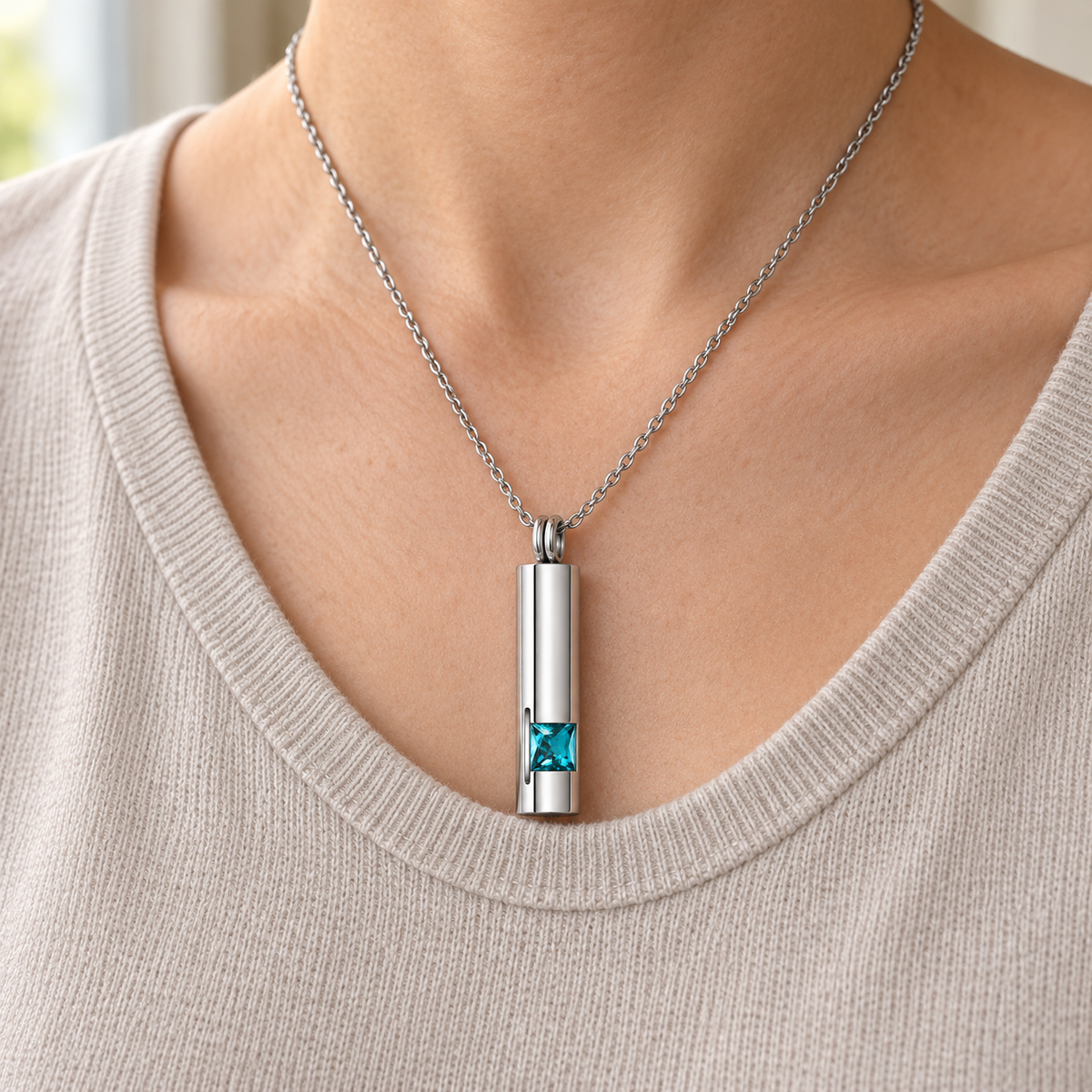 Silver-Tone Cylinder Urn Necklace for Ashes with Aqua Blue Stone