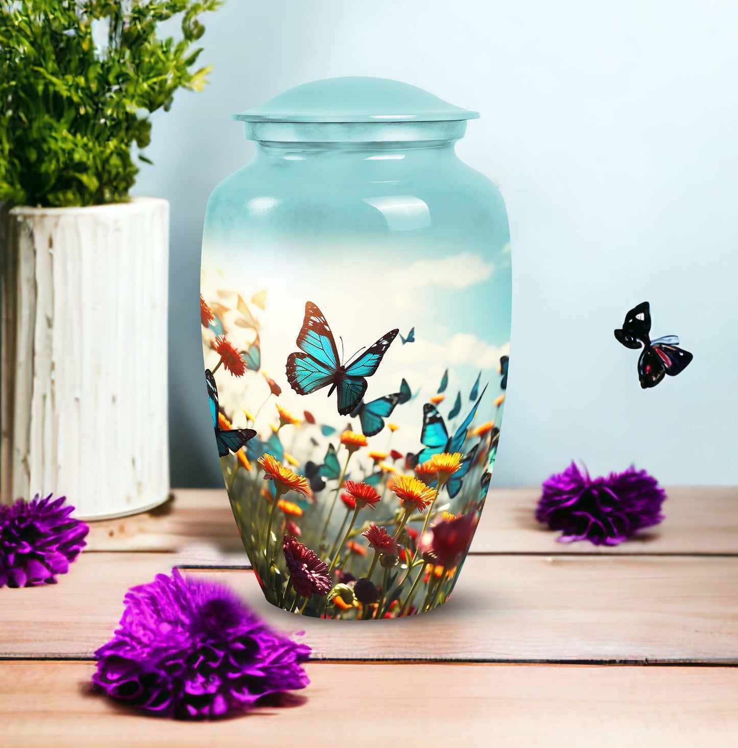 Colorful butterflies urn, personalized with names.
