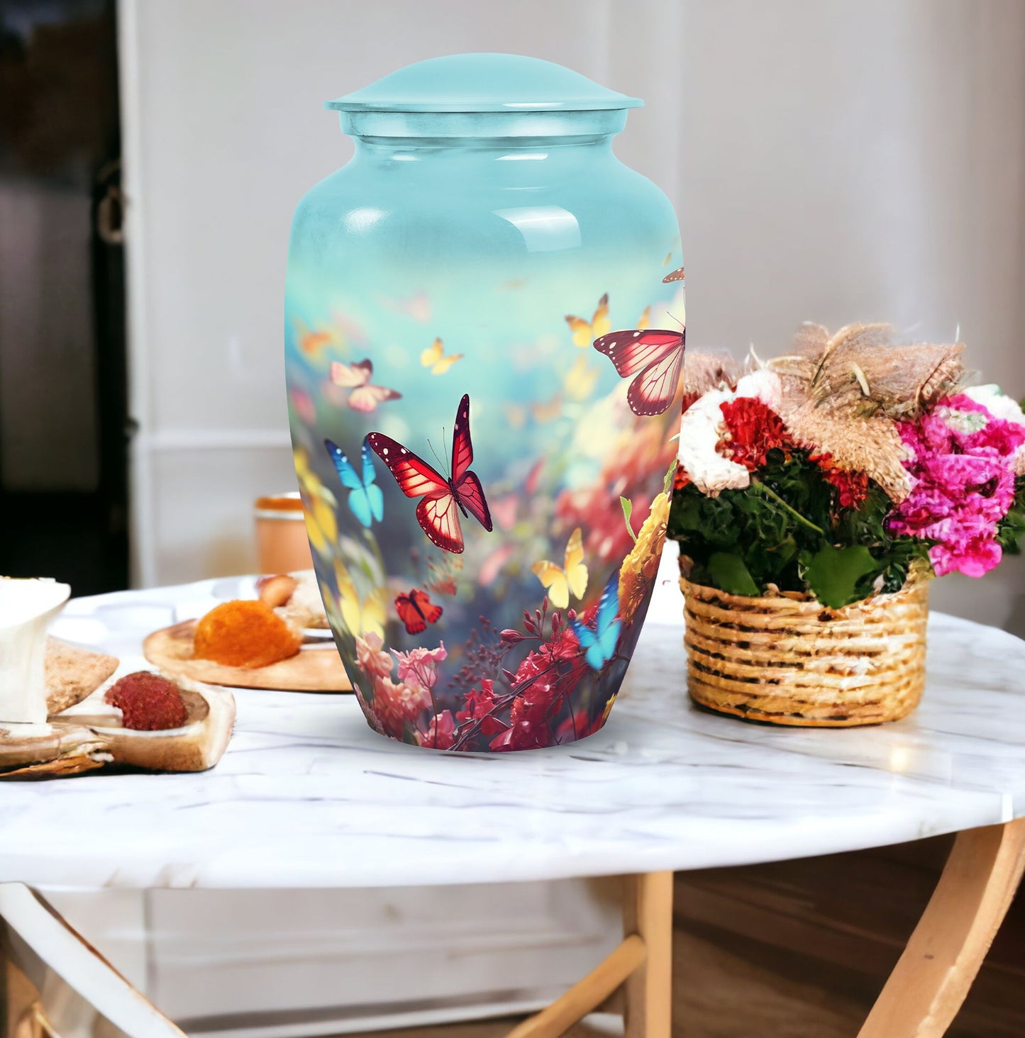 Colorful Butterflies Classic Urn for Human Ashes with Velvet Pouch