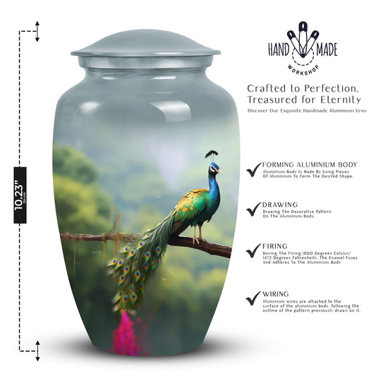 Classic urn for ashes, personalized peacock design.