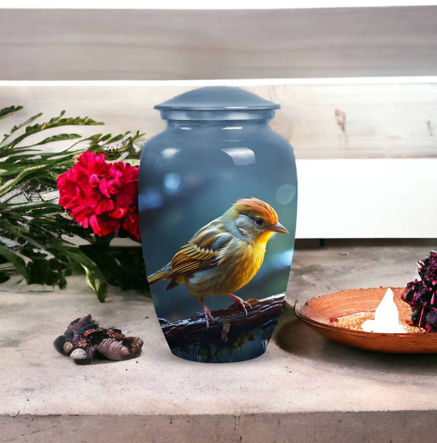 Yellow Sparrow Cremation Urn, large 3-inch classic design