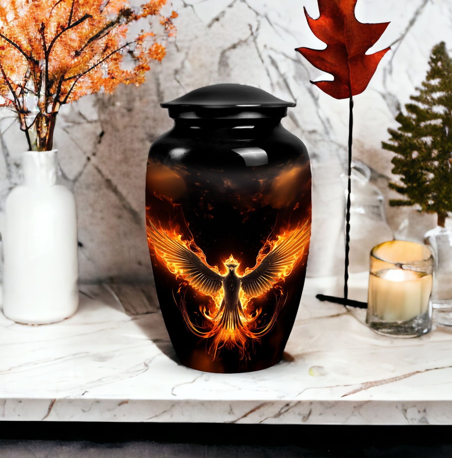 Fire Phoenix Cremation Urn, large aluminium classic design.