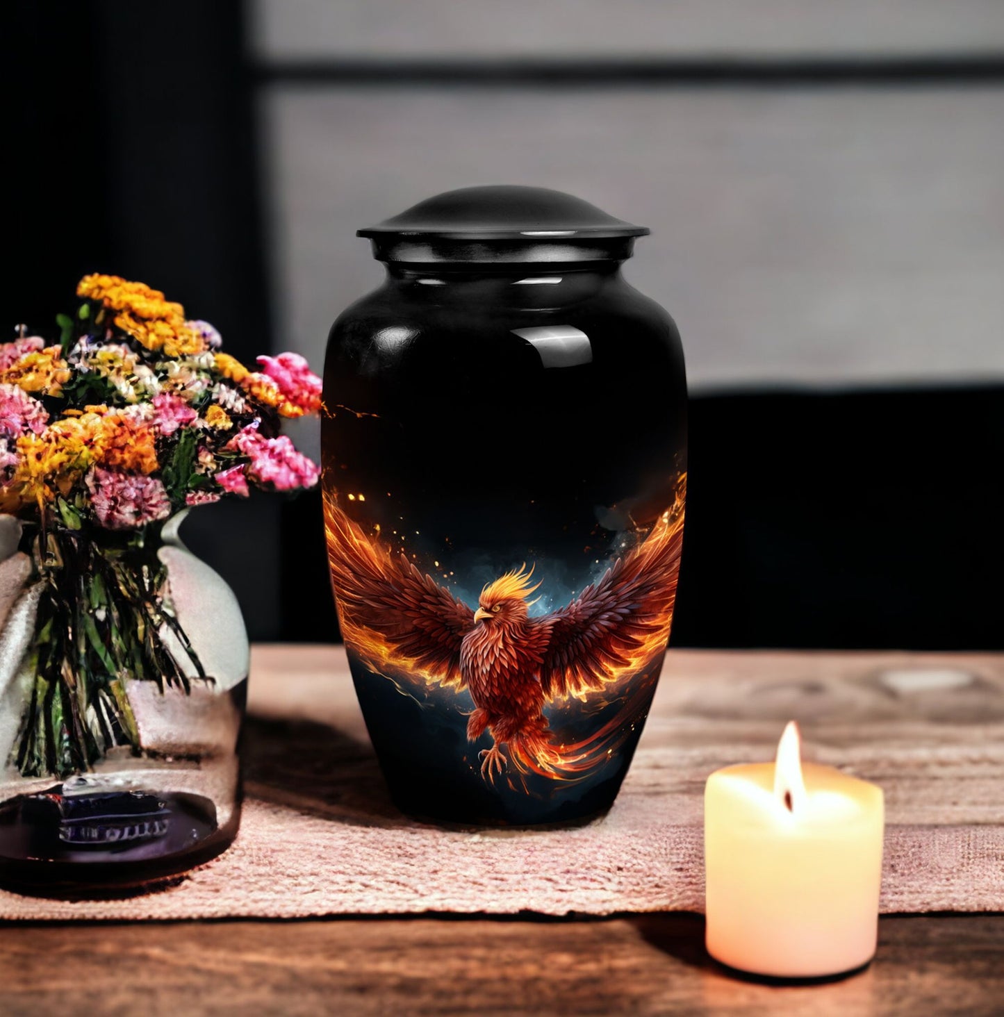 Red Phoenix Urn, a classic aluminium urn, uniquely designed