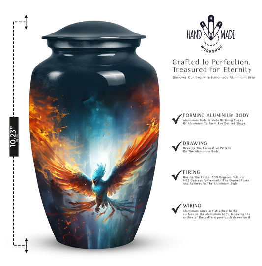 Blue Phoenix Cremation Urn, classic design, made of aluminium for adults ashes