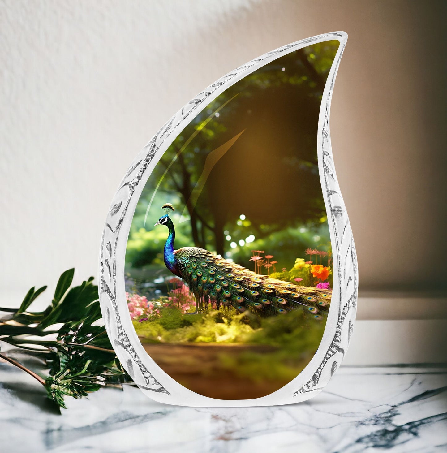 Classic 3-inch peacock memorial urn.