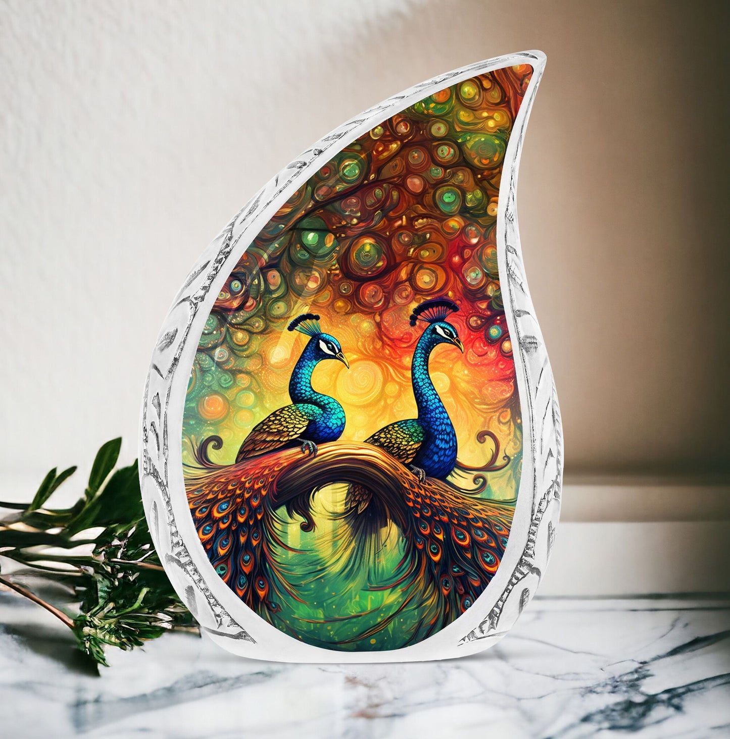 Classic, aluminium large peacock urn for ashes.