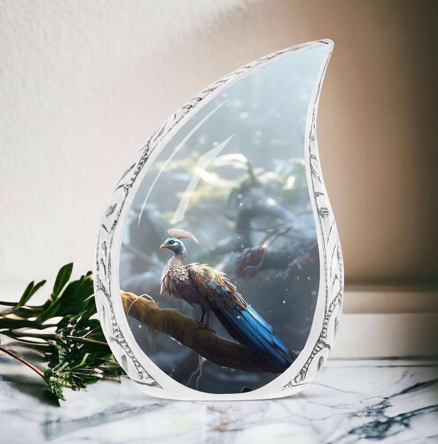 Peacock Memorial Urn, 3-inch aluminium cremation urn.