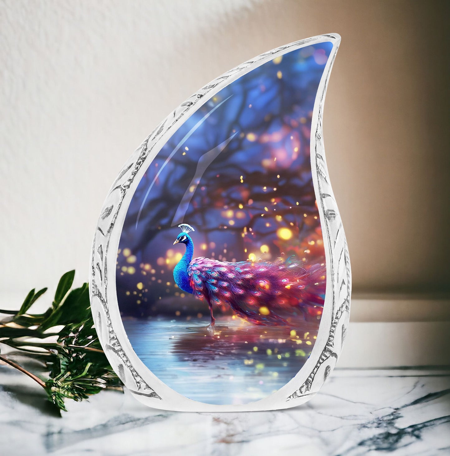 Classic peacock urn for human ashes, large aluminium memorial urn.