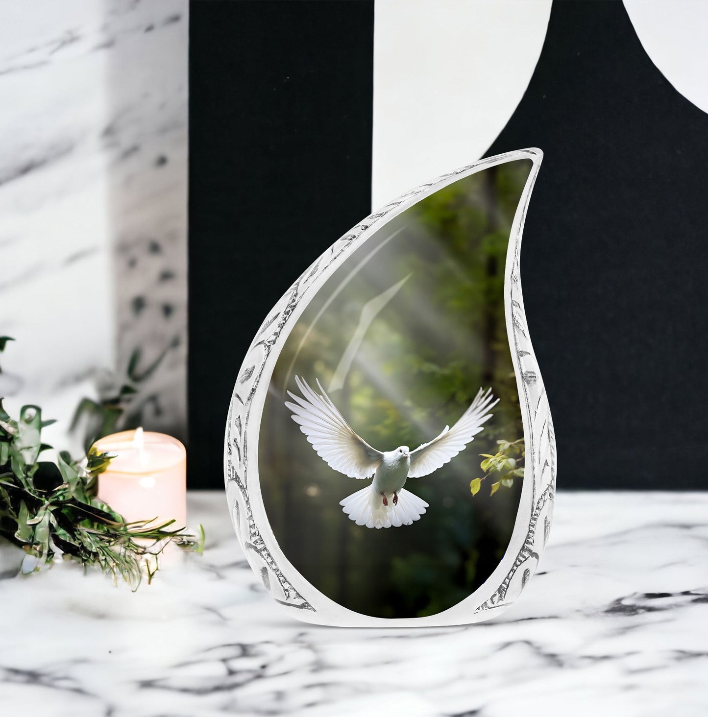 classic Dove Urn customizable for memorial with velvet pouch