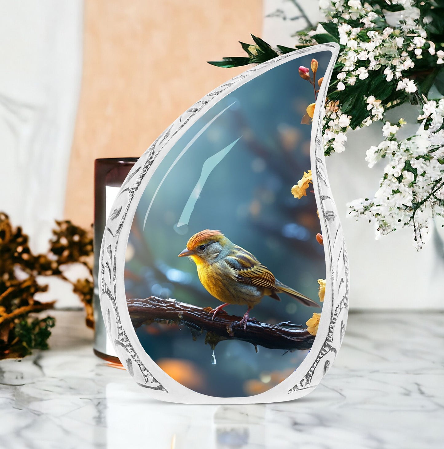 Yellow Sparrow Cremation Urn.