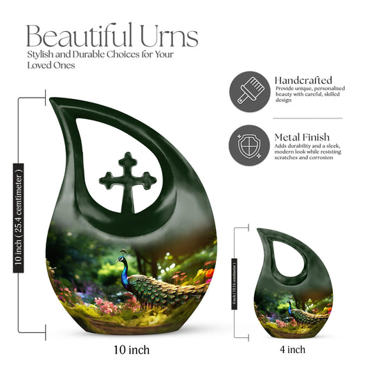 10 Inch Peacock Urn in Cross Drop Design, Miniature Blue