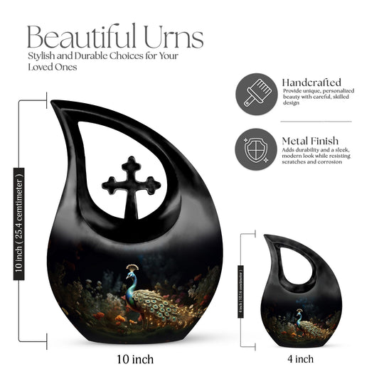 Peacock-themed Cross Drop affordable urn, personalized