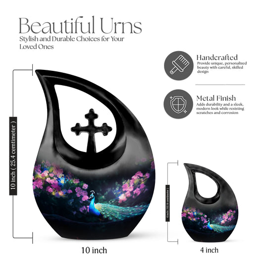 10-inch Peacock Themed Cross Drop Large Urn