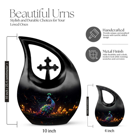 10 inch Peacock Urn for Human Ashes, Cross Drop Design,