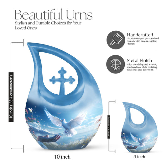 10-inch Dove Bird Urn with Cross Drop design,