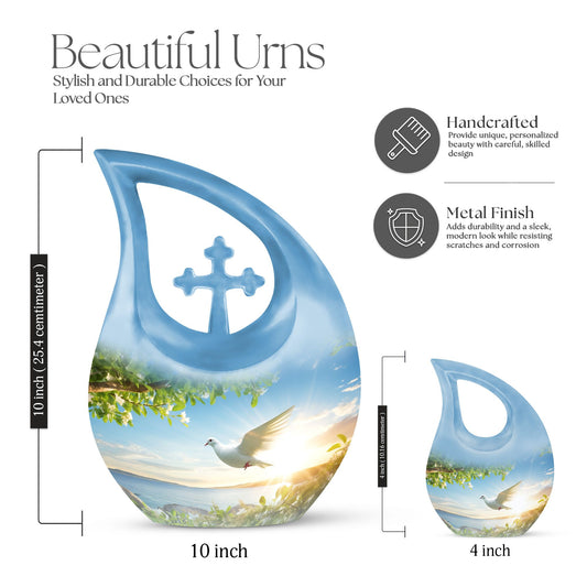 10-inch Dove Bird Urn with Cross Drop design, personalized
