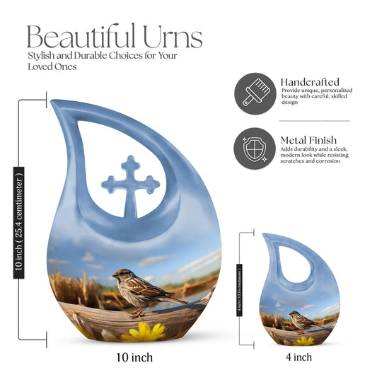 10 inch Sparrow Urn with Cross Drop design for ashes,