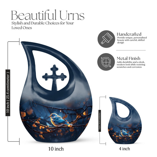 10-inch Sparrow Urn with modern Cross Drop design, comes