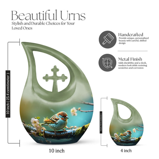 10-inch Sparrow themed Cross Drop Urn, an ashes container