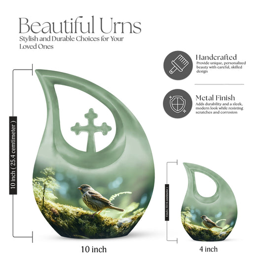 10-inch Sparrow Urn in Cross Drop design, Personalized
