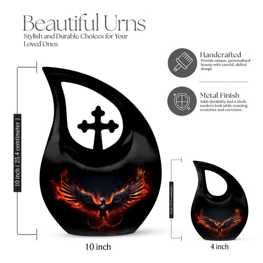 10-inch Phoenix-themed Unusual Urn with Cross Drop