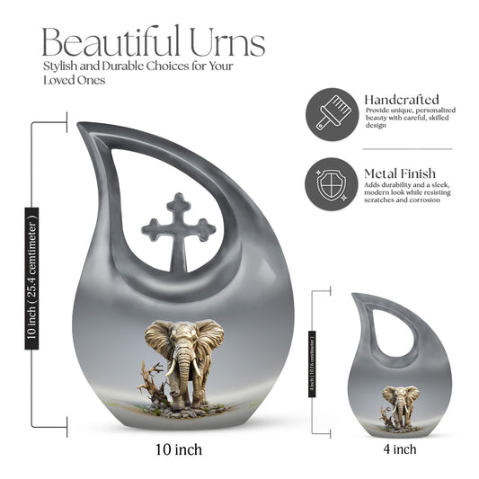 10-inch Elephant urn with Cross Drop design for ashes,