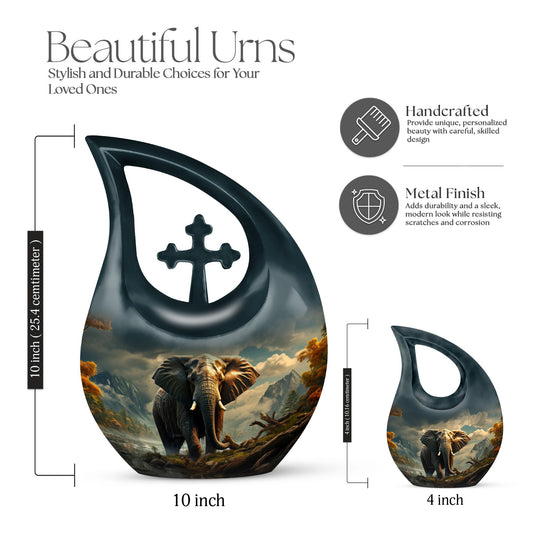 10-inch Elephant-themed Memorial Urn with Cross Drop
