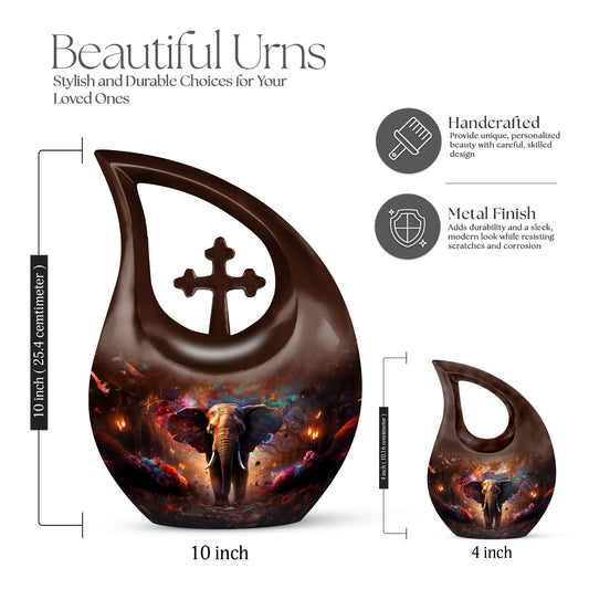 Elephant themed, Cross Drop design large cremation urn,