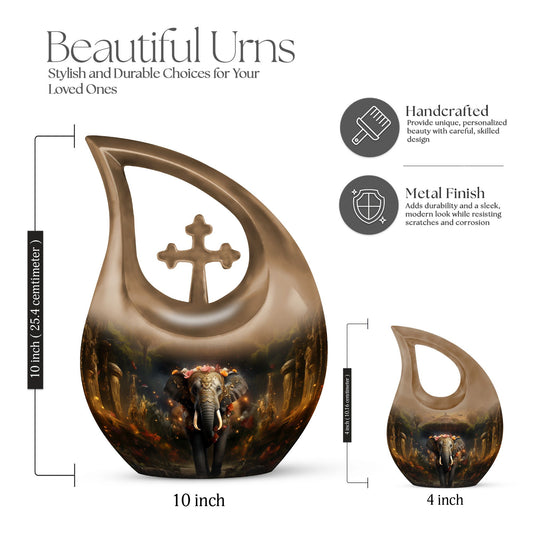 10-inch elephant urn with cross drop design,