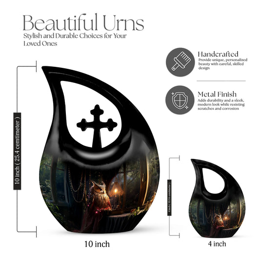 10-inch Owl Urn Cross Drop design, Affordable Funeral Urn