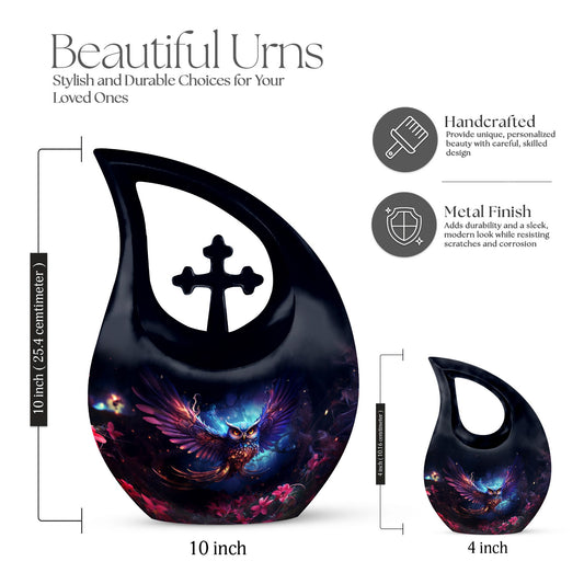 10-inch owl themed Cross Drop design Aluminium urn