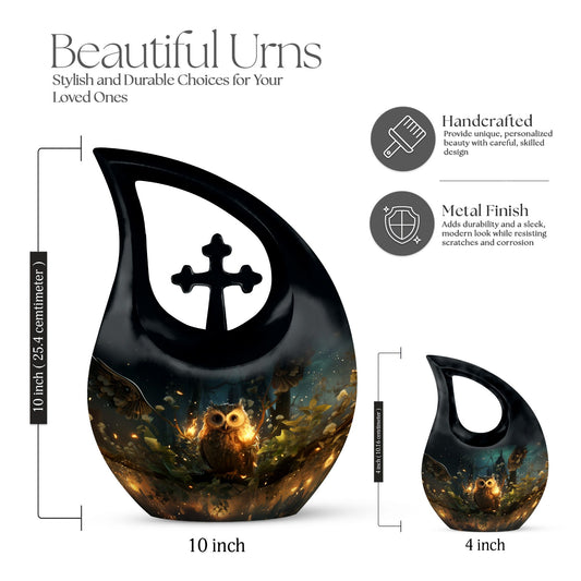 Affordable 10-inch Owl Urn featuring a Cross Drop design
