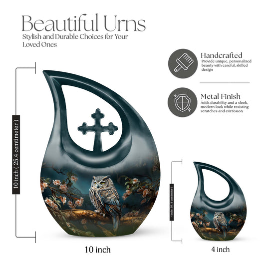 10 inch Owl themed aluminium urn with Cross Drop design,