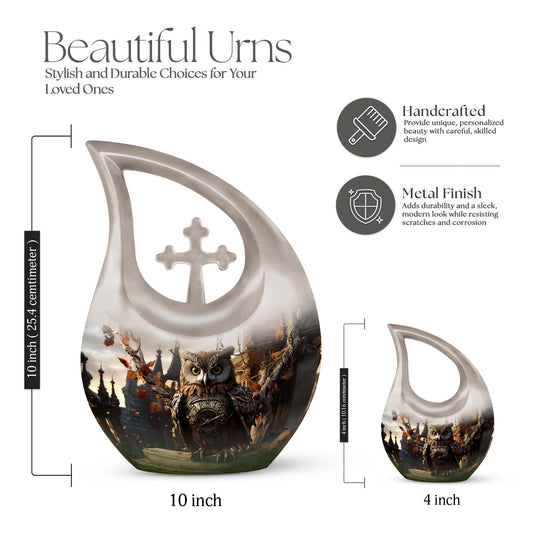 10 inch Owl themed Cross Drop design Aluminum Keepsake Urn