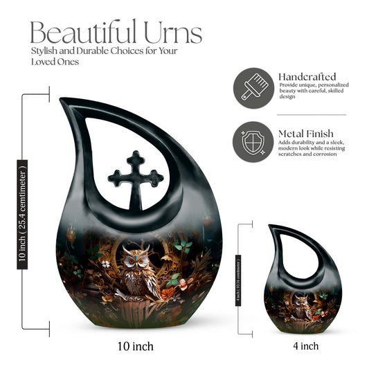 10-inch Owl Themed Aluminium Urn with Cross Drop design,