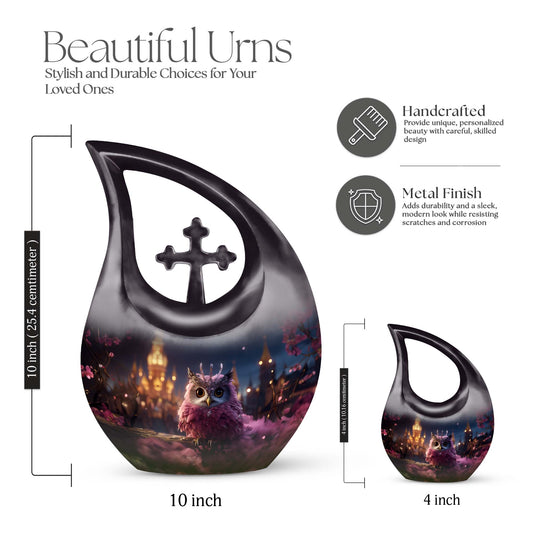 10 Inch Owl Themed Aluminium Urn with Cross Drop Design,