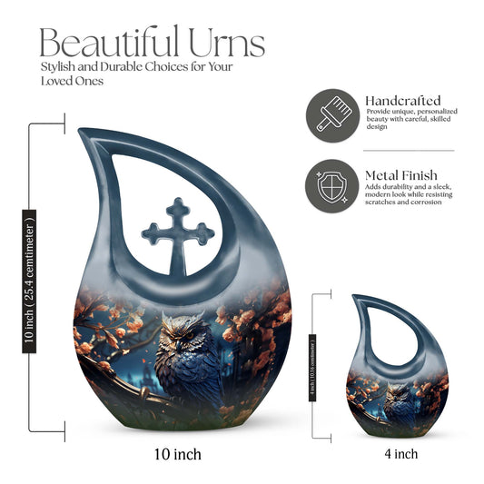 Large 10-inch Owl Urn for ashes with Cross Drop