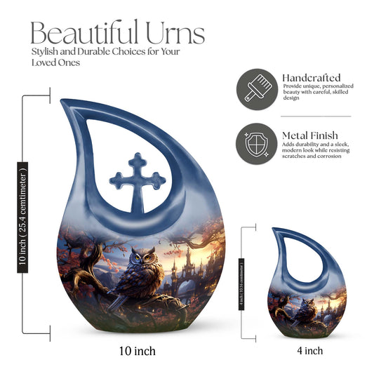 10-inch Owl Themed Cross Drop Design Aluminium Urn