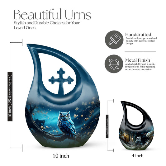 10 Inch Owl themed Cross Drop design urn,