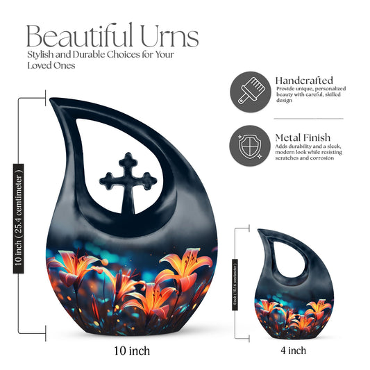 10 Inch Aluminium Lilly Flower Funeral Urn with Cross Drop
