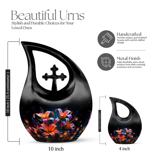 10 inch Lilly Flower Urn with Cross Drop design, includes