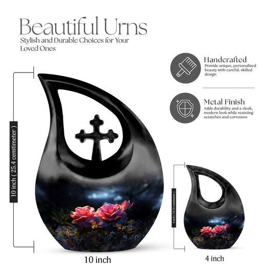 10-inch rose-designed Cross Drop mini urn crafted from