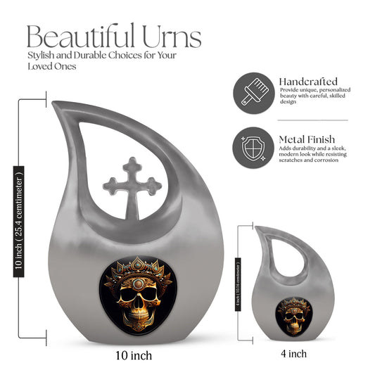 10-inch Skull Urn, Cross Drop design, Aluminium Large Urn
